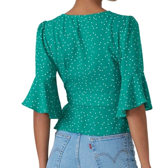 BB DAKOTA - Bright Green & White Polka Flared Sleeve Wrap Blouse Size Small - Picture 9 of 9